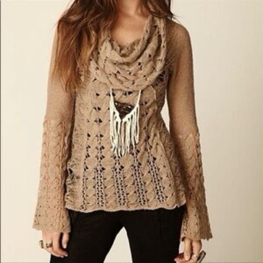 Free People Cool Grace Crochet Wool Blend Tan Sweater - Size Small
